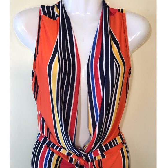✨NEW✨Orange Stripe Deep VNeck Sexy Jumpsuit - Picture 4 of 7